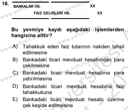 Finansal Muhasebe Dersi 2021 - 2022 Yılı (Final) Dönem Sonu Sınavı 16. Soru