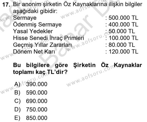 Finansal Muhasebe Dersi 2021 - 2022 Yılı (Final) Dönem Sonu Sınavı 17. Soru