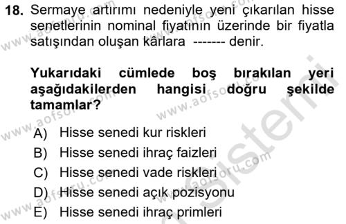 Finansal Muhasebe Dersi 2021 - 2022 Yılı (Final) Dönem Sonu Sınavı 18. Soru