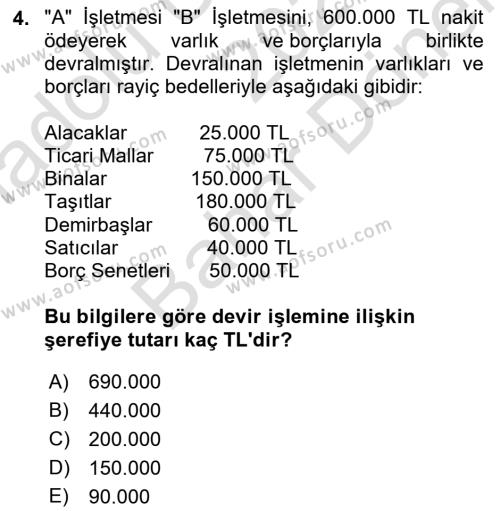 Finansal Muhasebe Dersi 2021 - 2022 Yılı (Final) Dönem Sonu Sınavı 4. Soru