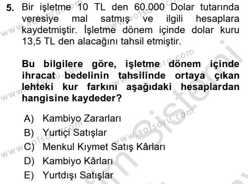 Finansal Muhasebe Dersi 2021 - 2022 Yılı (Final) Dönem Sonu Sınavı 5. Soru