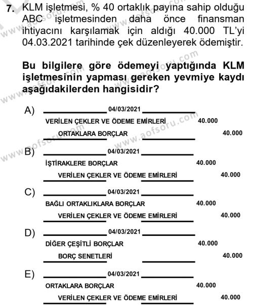 Finansal Muhasebe Dersi 2021 - 2022 Yılı (Final) Dönem Sonu Sınavı 7. Soru