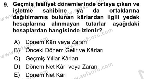 Finansal Muhasebe Dersi 2021 - 2022 Yılı (Final) Dönem Sonu Sınavı 9. Soru