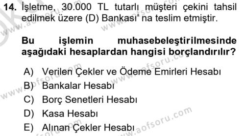 Finansal Muhasebe Dersi 2021 - 2022 Yılı Yaz Okulu Sınavı 14. Soru