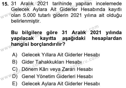 Finansal Muhasebe Dersi 2021 - 2022 Yılı Yaz Okulu Sınavı 15. Soru