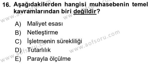 Finansal Muhasebe Dersi 2021 - 2022 Yılı Yaz Okulu Sınavı 16. Soru