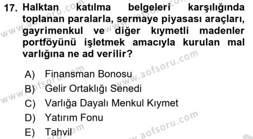 Finansal Muhasebe Dersi 2021 - 2022 Yılı Yaz Okulu Sınavı 17. Soru