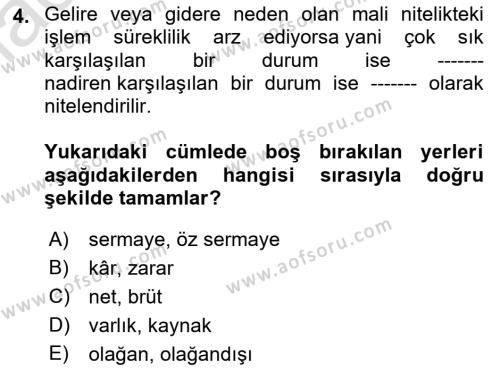 Finansal Muhasebe Dersi 2021 - 2022 Yılı Yaz Okulu Sınavı 4. Soru