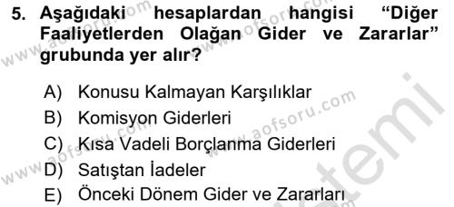 Finansal Muhasebe Dersi 2021 - 2022 Yılı Yaz Okulu Sınavı 5. Soru