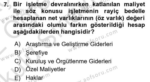 Finansal Muhasebe Dersi 2021 - 2022 Yılı Yaz Okulu Sınavı 7. Soru