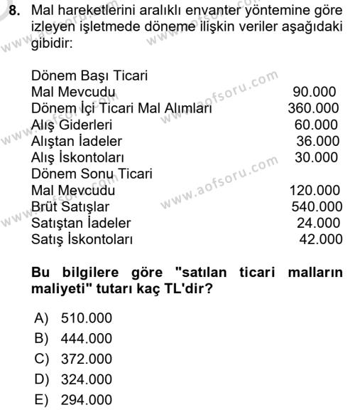 Finansal Muhasebe Dersi 2021 - 2022 Yılı Yaz Okulu Sınavı 8. Soru