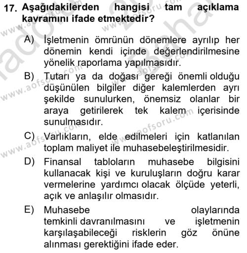 Finansal Muhasebe Dersi 2023 - 2024 Yılı (Vize) Ara Sınavı 17. Soru