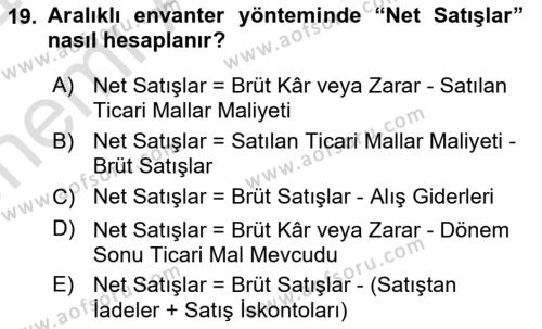 Finansal Muhasebe Dersi 2023 - 2024 Yılı (Vize) Ara Sınavı 19. Soru