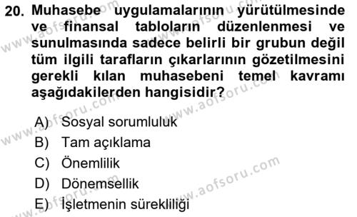 Finansal Muhasebe Dersi 2023 - 2024 Yılı (Vize) Ara Sınavı 20. Soru