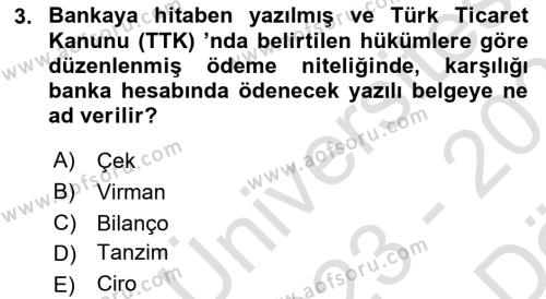 Finansal Muhasebe Dersi 2023 - 2024 Yılı (Vize) Ara Sınavı 3. Soru