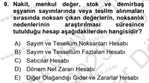 Finansal Muhasebe Dersi 2023 - 2024 Yılı (Vize) Ara Sınavı 9. Soru