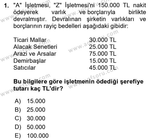 Finansal Muhasebe Dersi 2023 - 2024 Yılı (Final) Dönem Sonu Sınavı 1. Soru