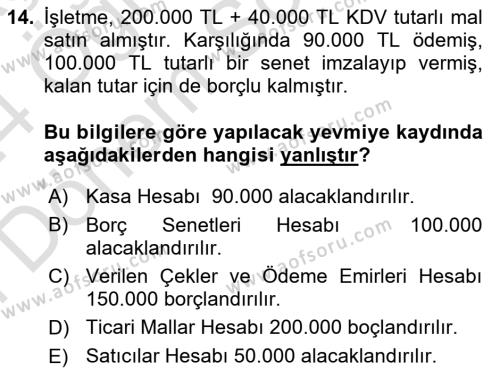 Finansal Muhasebe Dersi 2023 - 2024 Yılı (Final) Dönem Sonu Sınavı 14. Soru