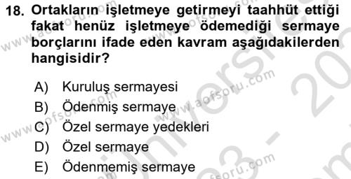 Finansal Muhasebe Dersi 2023 - 2024 Yılı (Final) Dönem Sonu Sınavı 18. Soru