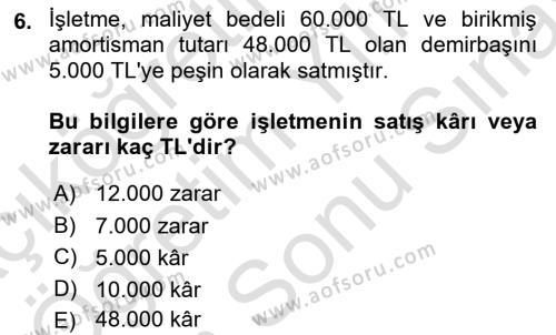 Finansal Muhasebe Dersi 2023 - 2024 Yılı (Final) Dönem Sonu Sınavı 6. Soru