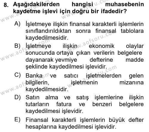 Finansal Muhasebe Dersi 2023 - 2024 Yılı (Final) Dönem Sonu Sınavı 8. Soru