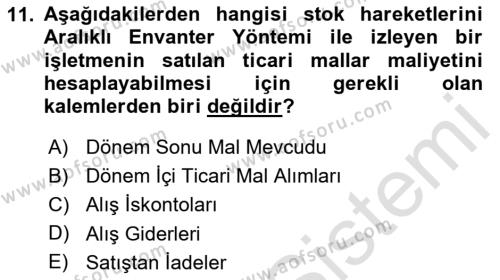 Finansal Muhasebe Dersi 2023 - 2024 Yılı Yaz Okulu Sınavı 11. Soru