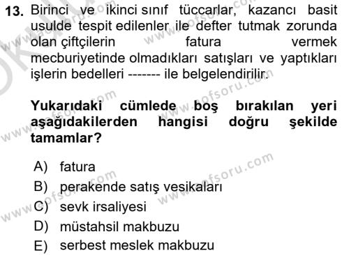 Finansal Muhasebe Dersi 2023 - 2024 Yılı Yaz Okulu Sınavı 13. Soru