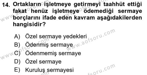 Finansal Muhasebe Dersi 2023 - 2024 Yılı Yaz Okulu Sınavı 14. Soru