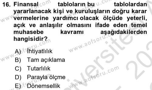 Finansal Muhasebe Dersi 2023 - 2024 Yılı Yaz Okulu Sınavı 16. Soru