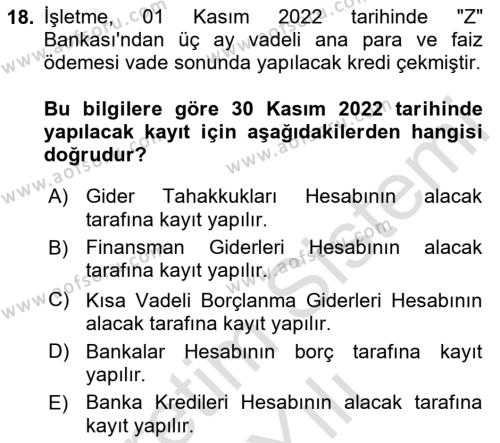 Finansal Muhasebe Dersi 2023 - 2024 Yılı Yaz Okulu Sınavı 18. Soru