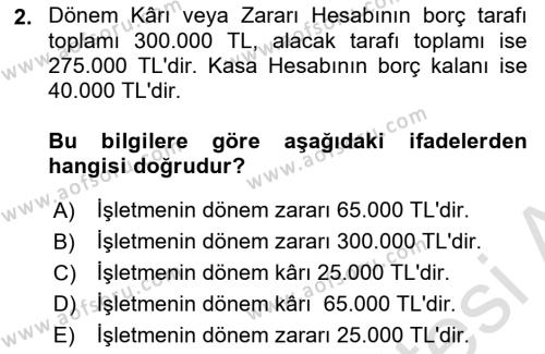 Finansal Muhasebe Dersi 2023 - 2024 Yılı Yaz Okulu Sınavı 2. Soru