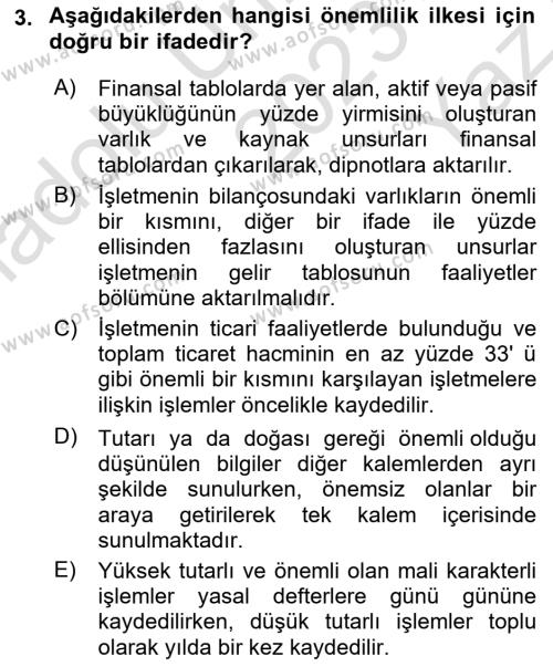 Finansal Muhasebe Dersi 2023 - 2024 Yılı Yaz Okulu Sınavı 3. Soru