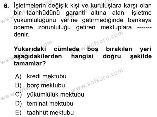 Finansal Muhasebe Dersi 2023 - 2024 Yılı Yaz Okulu Sınavı 6. Soru