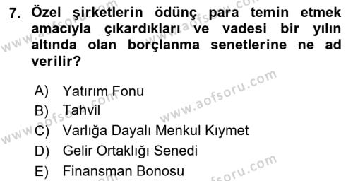 Finansal Muhasebe Dersi 2023 - 2024 Yılı Yaz Okulu Sınavı 7. Soru