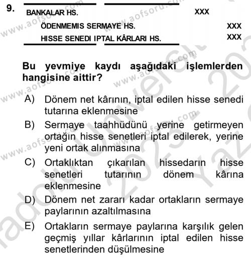 Finansal Muhasebe Dersi 2023 - 2024 Yılı Yaz Okulu Sınavı 9. Soru