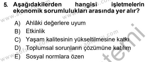 İşletmelerde Sosyal Sorumluluk Ve Etik Dersi 2018 - 2019 Yılı (Vize) Ara Sınavı 5. Soru