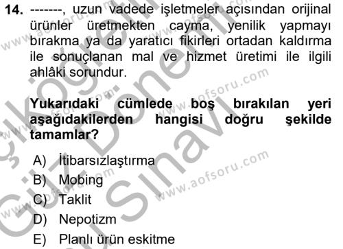 İşletmelerde Sosyal Sorumluluk Ve Etik Dersi 2018 - 2019 Yılı (Final) Dönem Sonu Sınavı 14. Soru