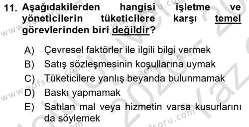 İşletmelerde Sosyal Sorumluluk Ve Etik Dersi 2020 - 2021 Yılı Yaz Okulu Sınavı 11. Soru