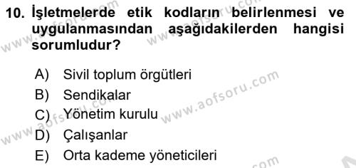 İşletmelerde Sosyal Sorumluluk Ve Etik Dersi 2023 - 2024 Yılı (Final) Dönem Sonu Sınavı 10. Soru