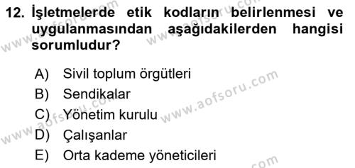 İşletmelerde Sosyal Sorumluluk Ve Etik Dersi 2023 - 2024 Yılı Yaz Okulu Sınavı 12. Soru