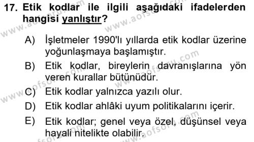 İşletmelerde Sosyal Sorumluluk Ve Etik Dersi 2023 - 2024 Yılı Yaz Okulu Sınavı 17. Soru