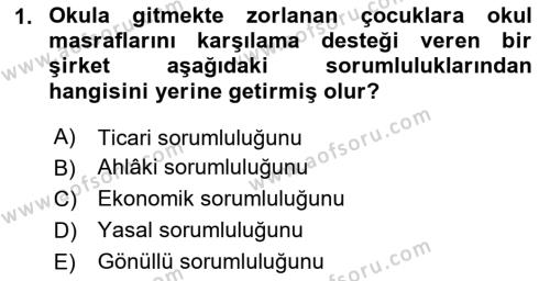 İşletmelerde Sosyal Sorumluluk Ve Etik Dersi 2024 - 2025 Yılı (Vize) Ara Sınavı 1. Soru