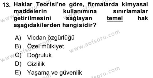 İşletmelerde Sosyal Sorumluluk Ve Etik Dersi 2024 - 2025 Yılı (Vize) Ara Sınavı 13. Soru