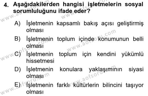 İşletmelerde Sosyal Sorumluluk Ve Etik Dersi 2024 - 2025 Yılı (Vize) Ara Sınavı 4. Soru