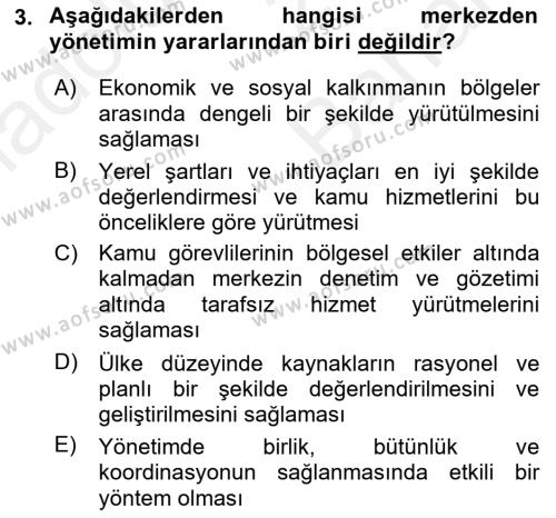 Kamu Yönetimi Dersi 2018 - 2019 Yılı (Vize) Ara Sınavı 3. Soru