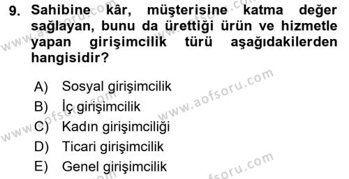 Girişimcilik ve İş Kurma Dersi 2022 - 2023 Yılı (Vize) Ara Sınavı 9. Soru