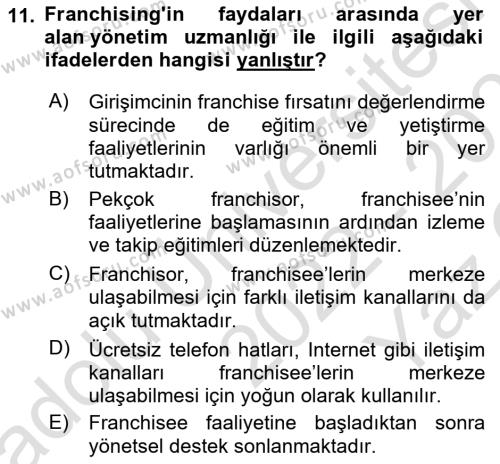 Girişimcilik ve İş Kurma Dersi 2022 - 2023 Yılı Yaz Okulu Sınavı 11. Soru