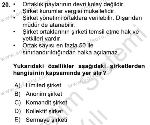 Girişimcilik ve İş Kurma Dersi 2022 - 2023 Yılı Yaz Okulu Sınavı 20. Soru