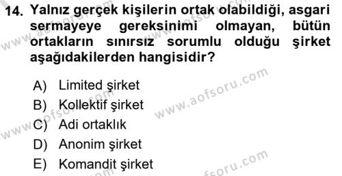 Girişimcilik ve İş Kurma Dersi 2023 - 2024 Yılı (Final) Dönem Sonu Sınavı 14. Soru