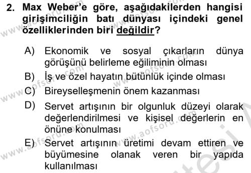 Girişimcilik ve İş Kurma Dersi 2023 - 2024 Yılı (Final) Dönem Sonu Sınavı 2. Soru